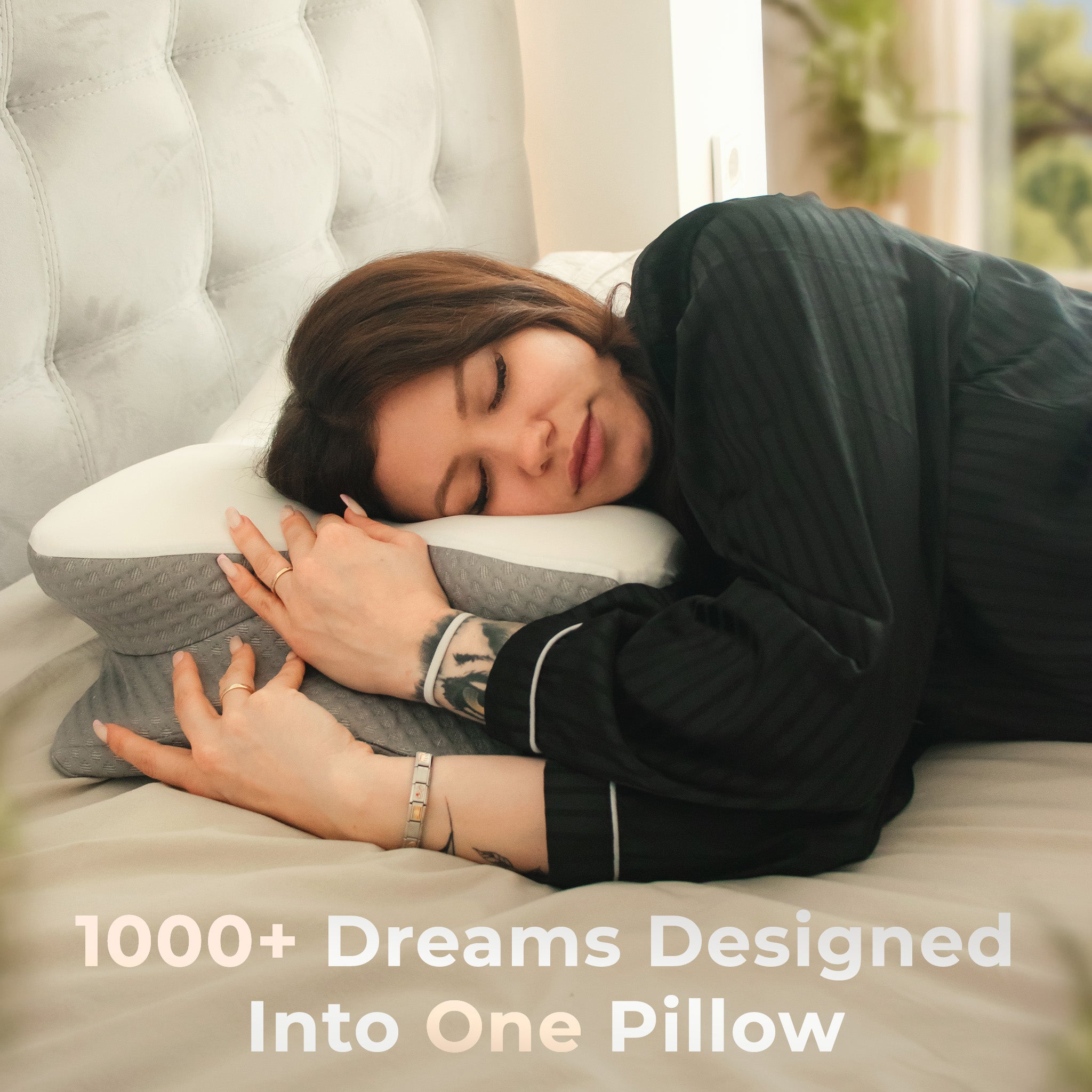 Person lying on the CloudEaze™ pillow with text '1000+ Dreams Designed Into One Pillow'.