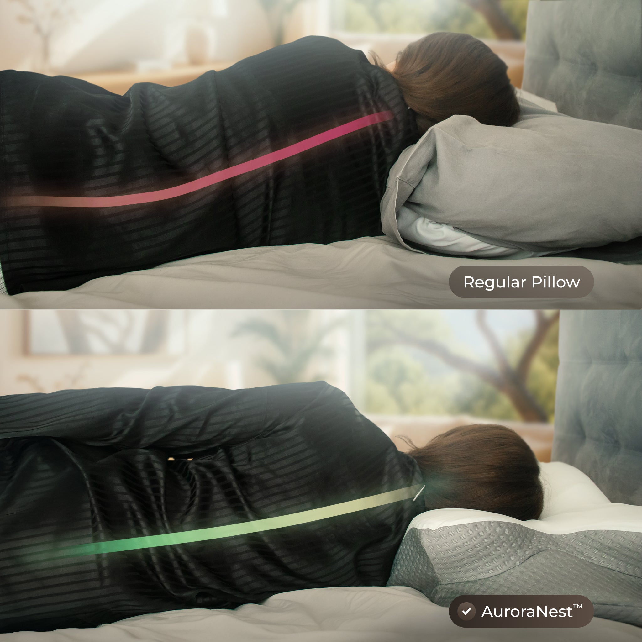 Comparison of the alignment of a regular pillow vs the AuroraNest™ pillow on a person lying on a bed.