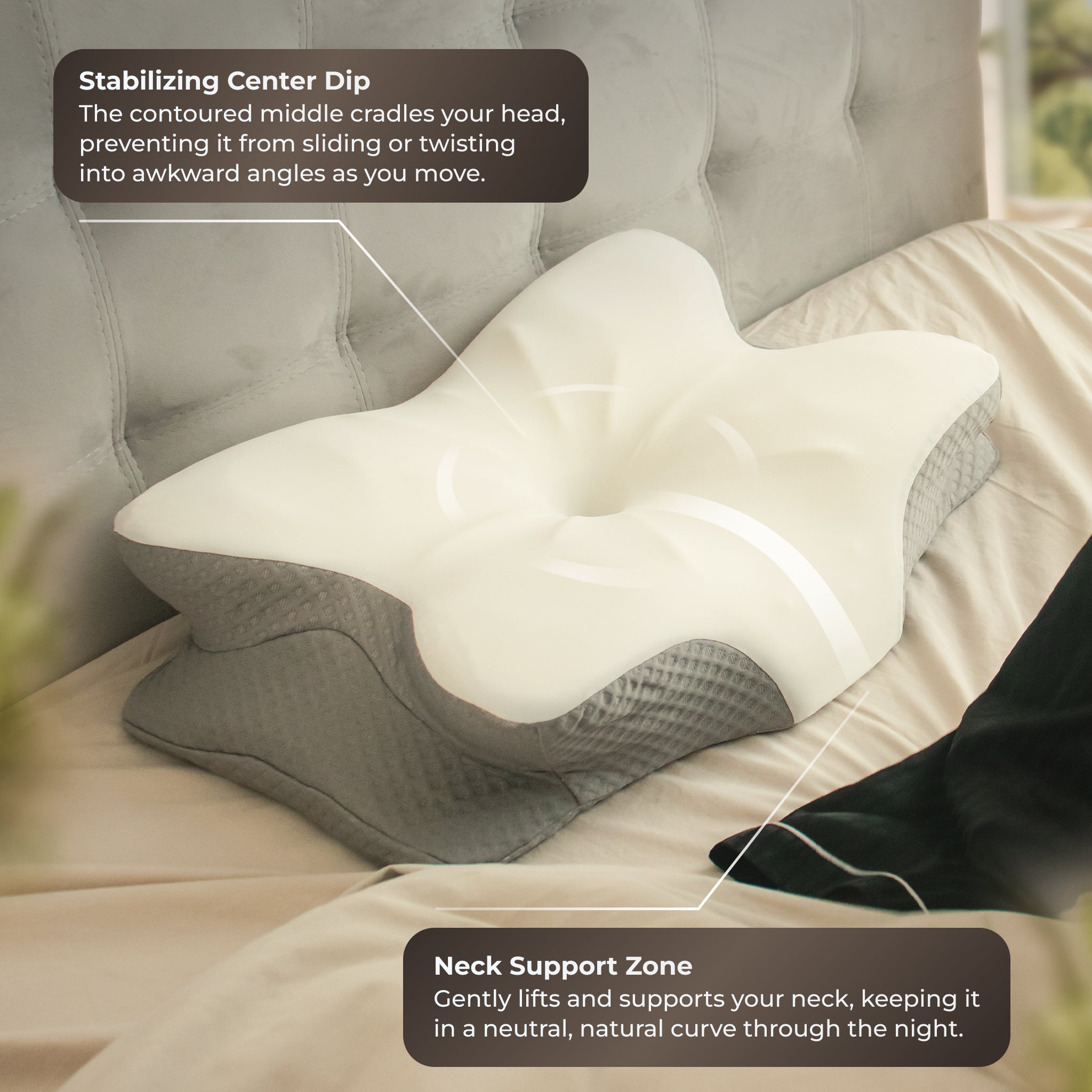Neck support pillow on a bed with text describing its features