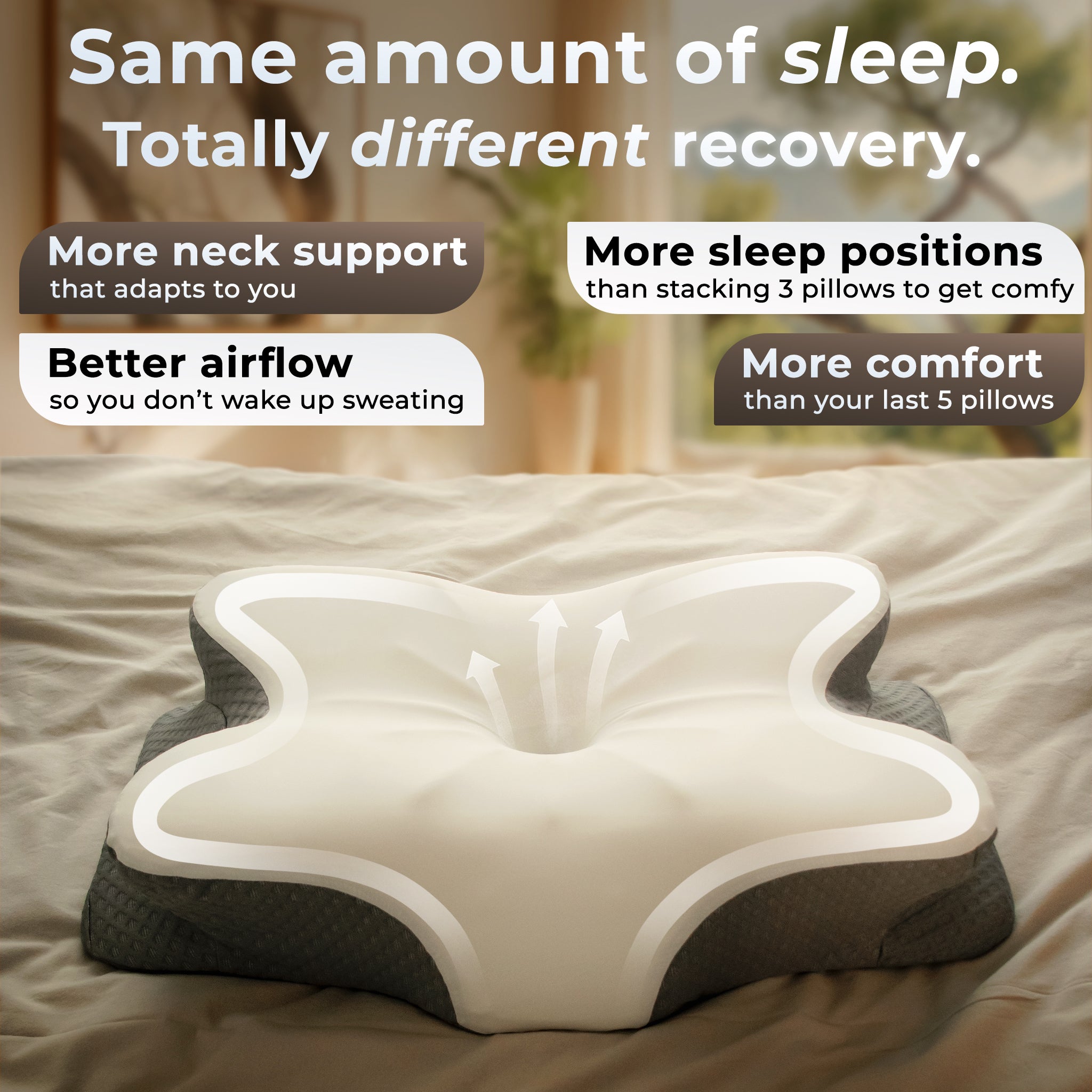 Ergonomic pillow on a bed with text highlighting its features