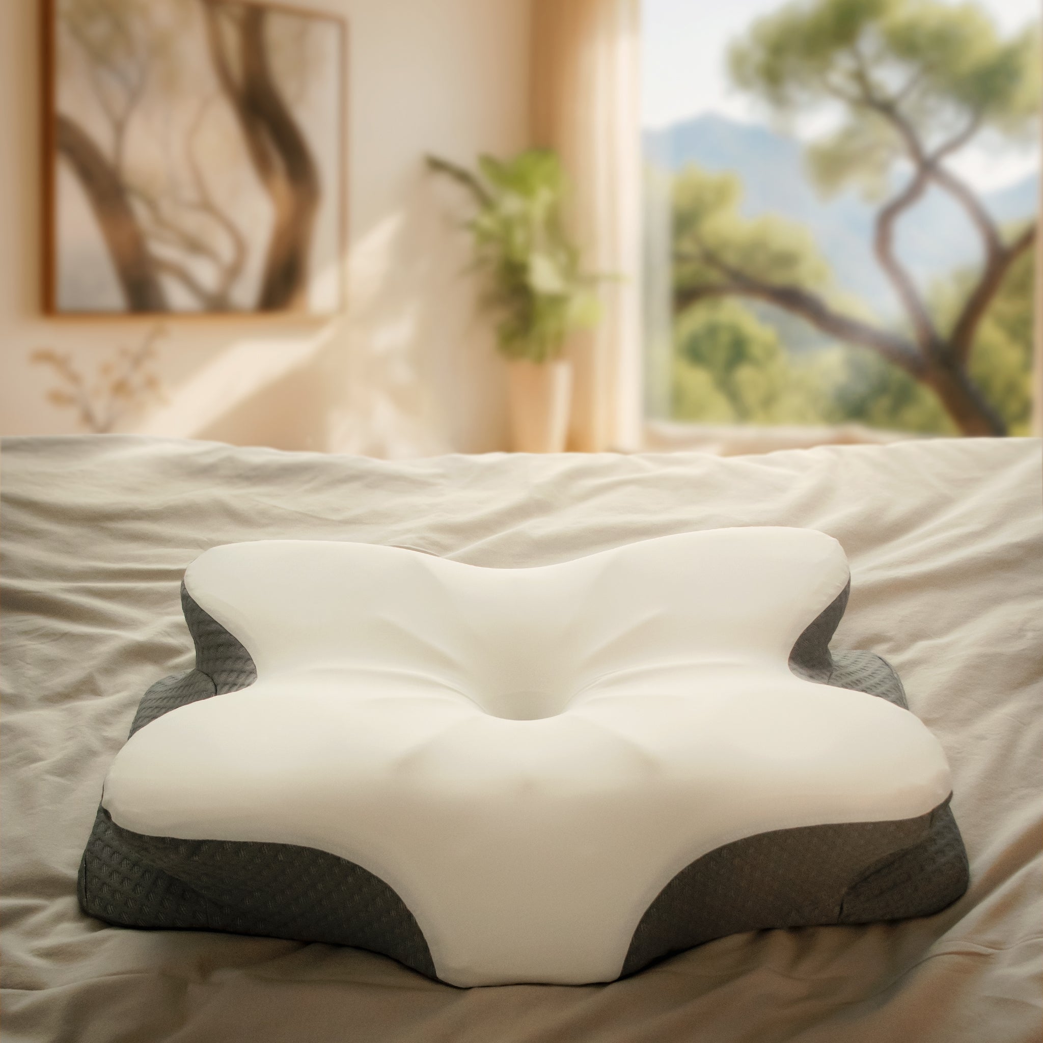 The Ergonomic CloudEaze™ AuroraNest™ pillow on a bed
