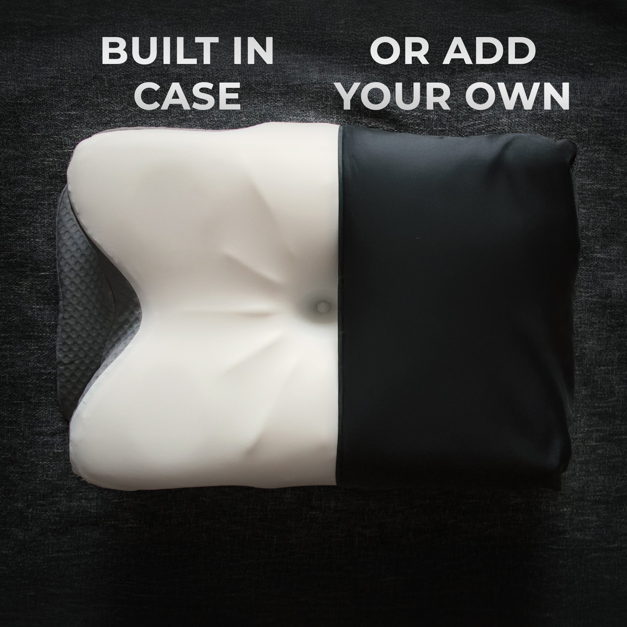 Pillow with text 'BUILT IN CASE OR ADD YOUR OWN'