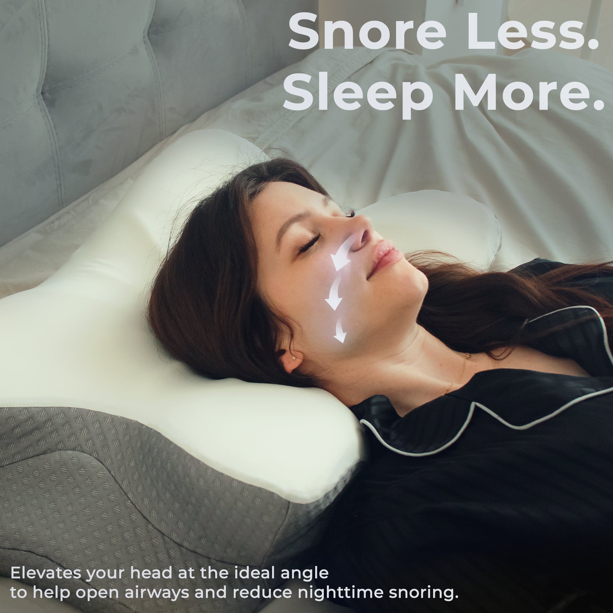 Woman lying on a pillow with text 'Snore Less. Sleep More.'