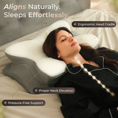 Woman lying on an ergonomic pillow with text highlighting its benefits