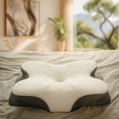 Ergonomic pillow on a bed