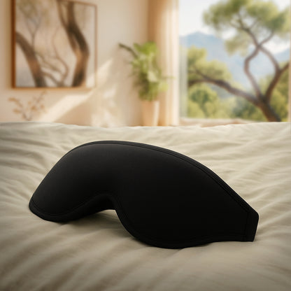 Black sleep mask on a bed with a blurred window and plant in the background