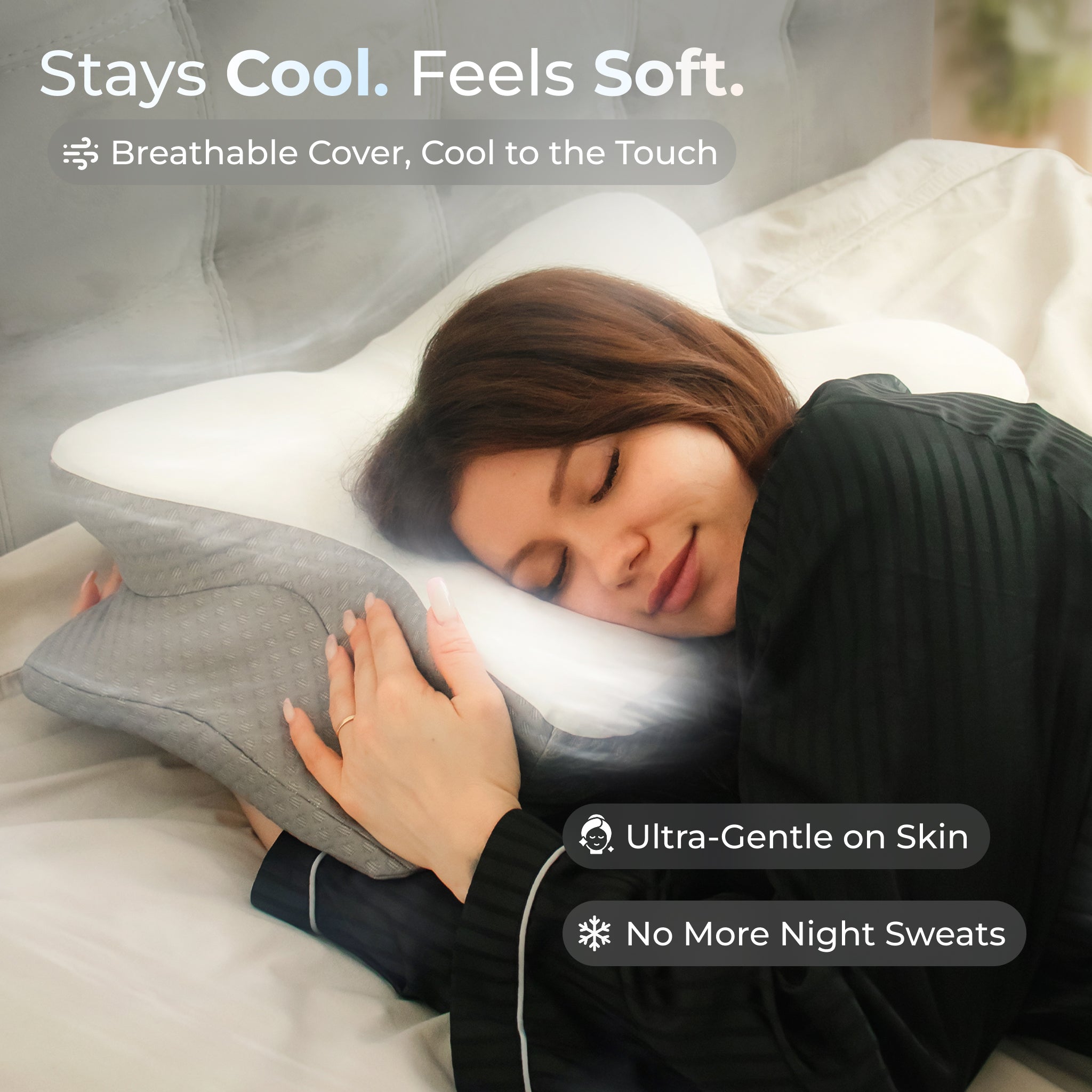 Woman sleeping with a cooling comfort pillow, emphasizing heat-dissipating fabric weave and ultra-gentle on sensitive skin.