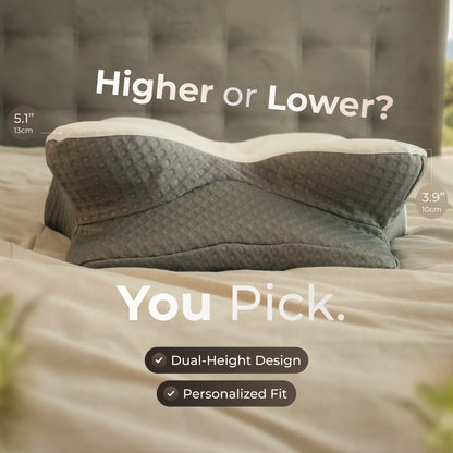 The CloudEaze™ AuroraNest™ Pillow with dual height design on a bed, showing measurement details.