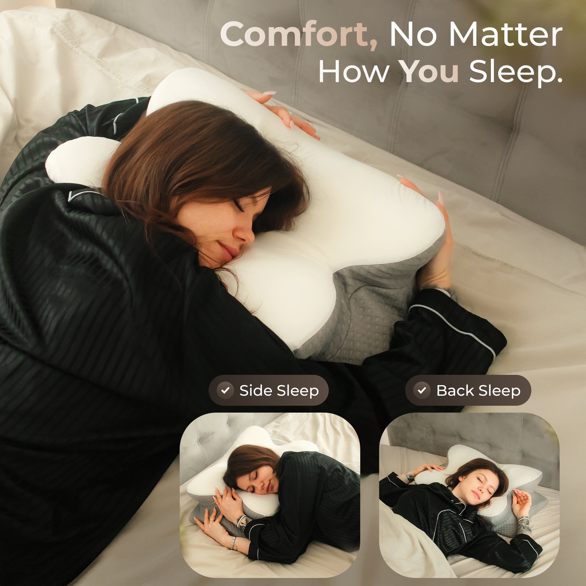 Woman using a multi-position pillow in various sleeping positions on a bed.