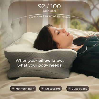 Woman lying on a pillow with a sleep score display above her head.