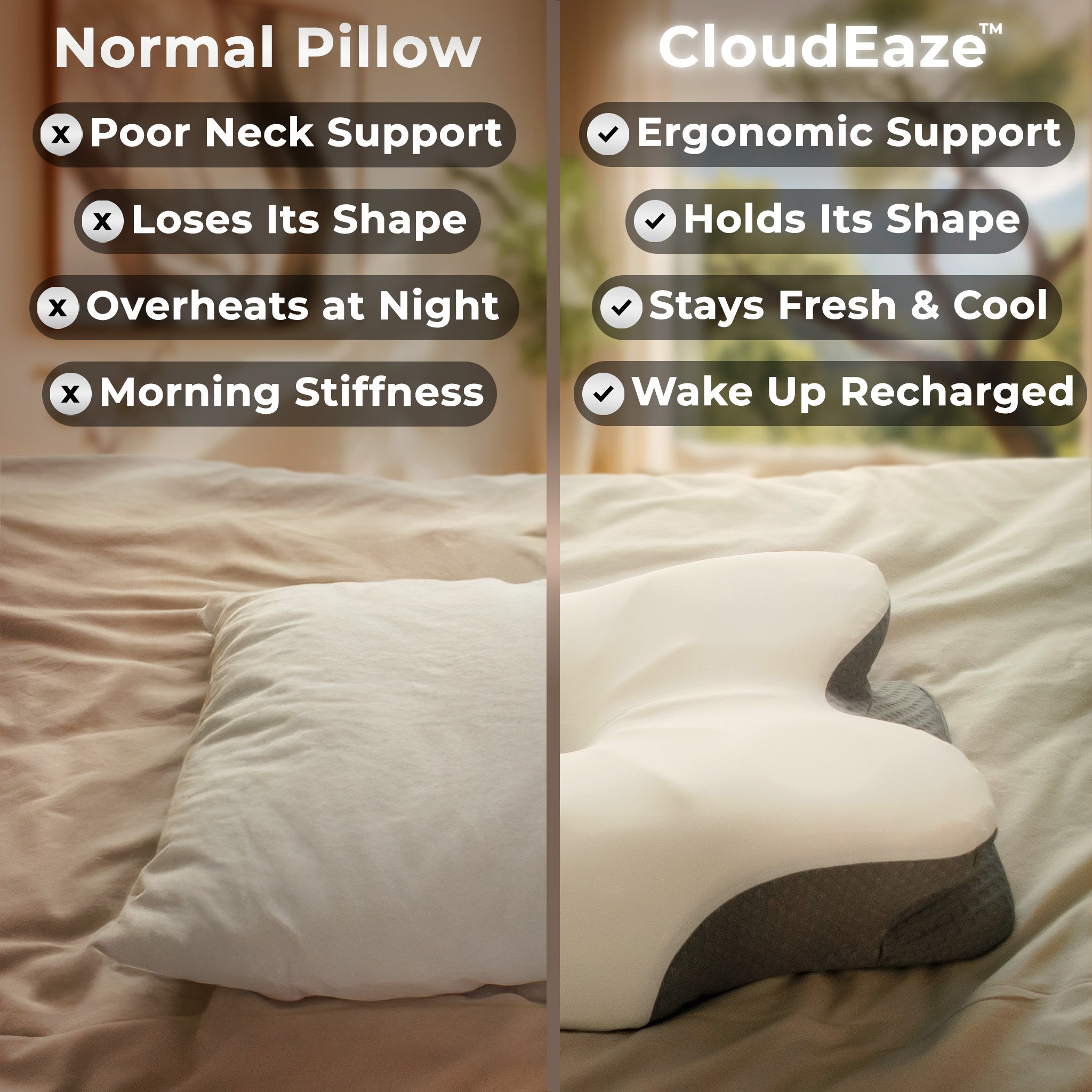 Comparison of a normal pillow and CloudEaze pillow with features listed.