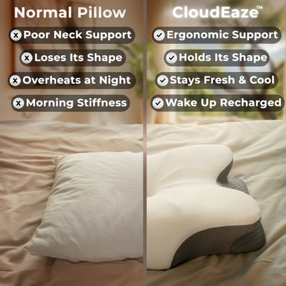 Comparison of a normal pillow and CloudEaze pillow with features listed.
