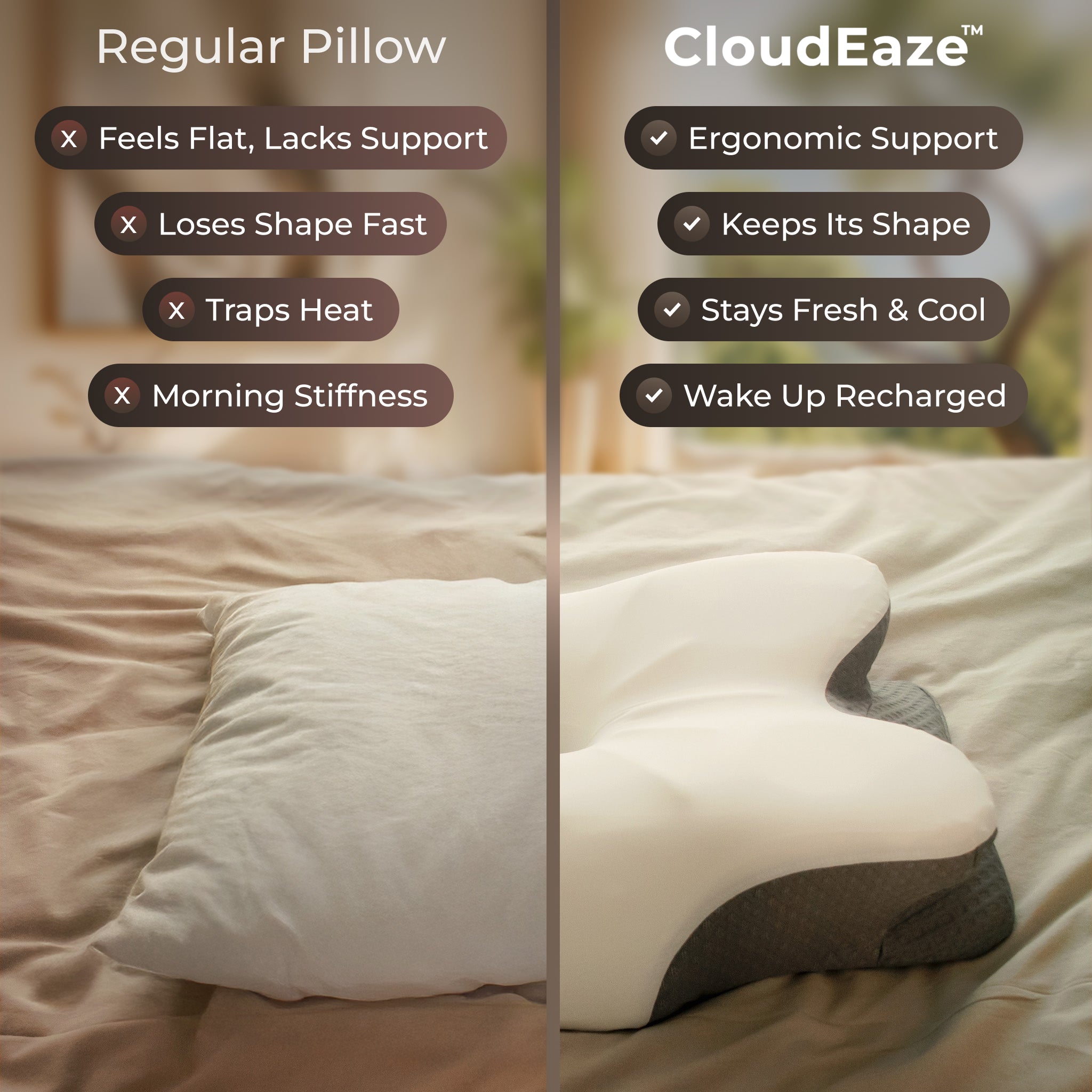 Comparison of a normal pillow and CloudEaze pillow with features listed.