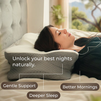 Woman lying on a pillow with text highlighting benefits like 'Unlock your best nights naturally', 'Gentle Support', 'Better Mornings', and 'Deeper Sleep'.